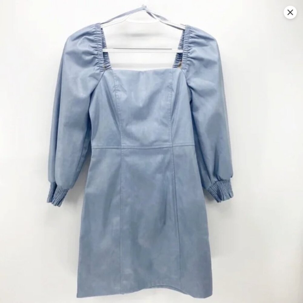 7 For All Mankind - Blue Square Neck, Long Sleeve, Vegan Leather Mini Dress - XS